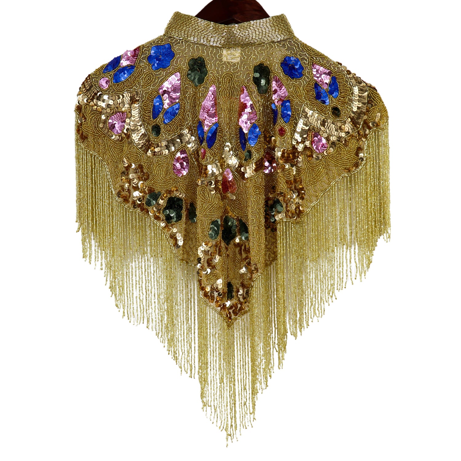 BEADED CAPE W/COLLAR MULTI W/GOLD FRINGES