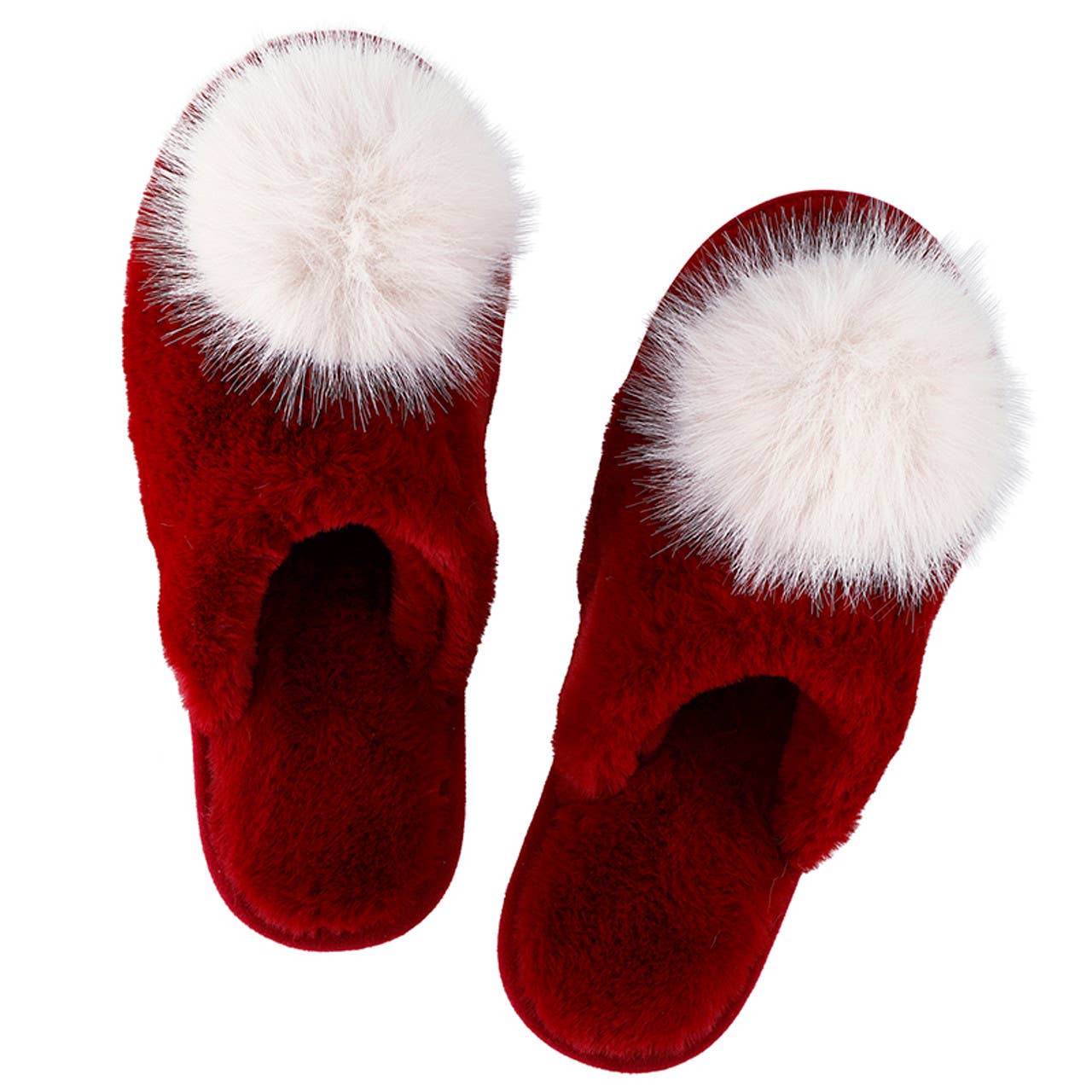 Plush Slippers - Burgundy + Beige Pom Pom
