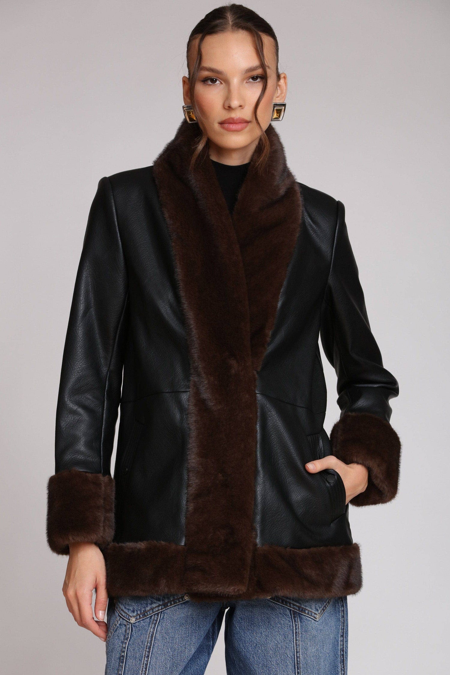 Faux Fur Trimmed Faux Leather Jacket