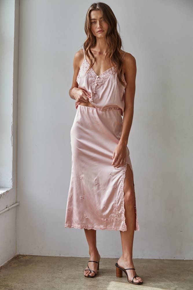 Satin Embroidered Midi Skirt