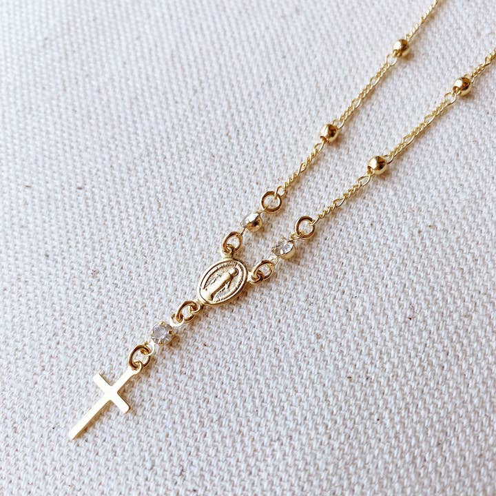 18k Gold Filled Rosary Ball Chain and Small Plain Cross Conf