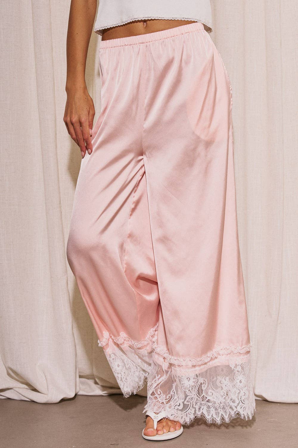 Woven Satin Lace Trim Wide Pants