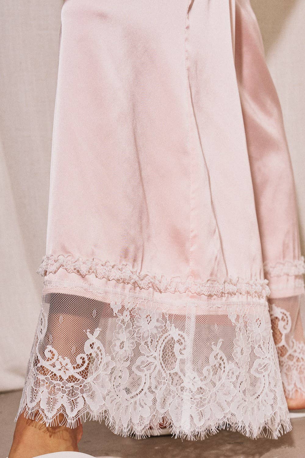 Woven Satin Lace Trim Wide Pants