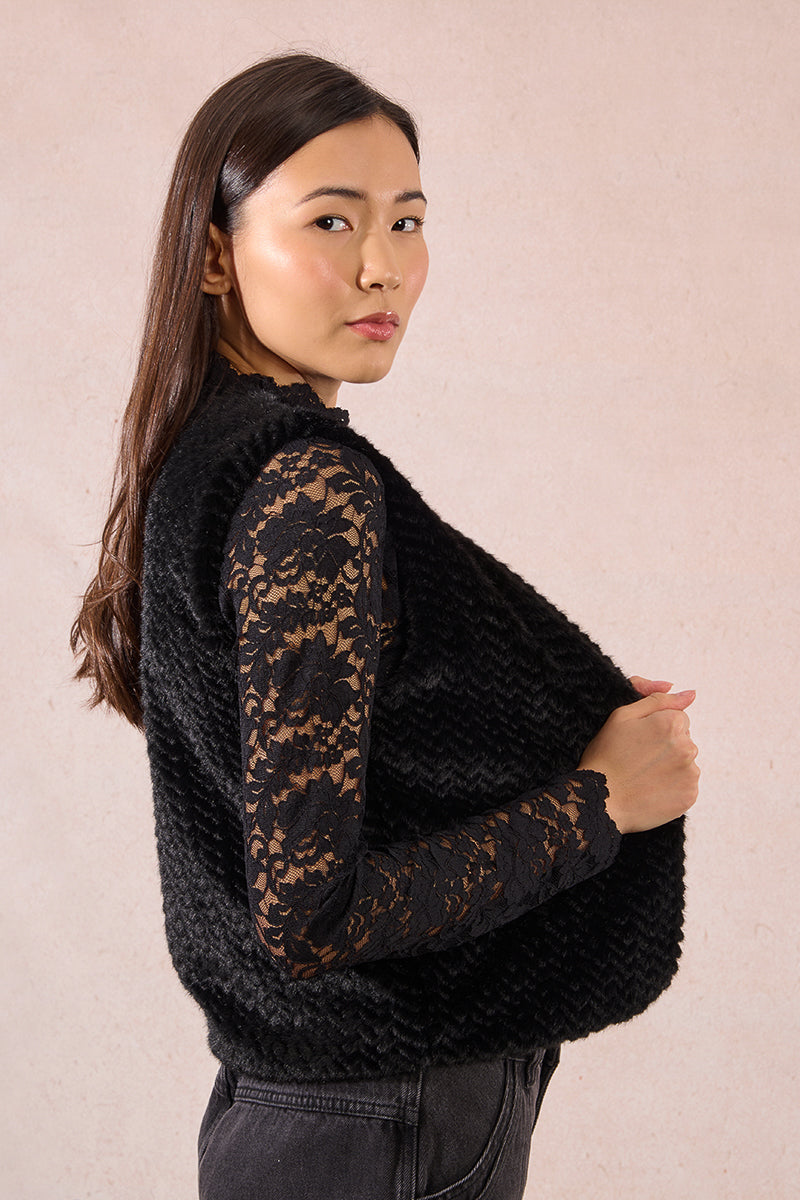 LADIES WOVEN SLEEVELESS JACKET - Black