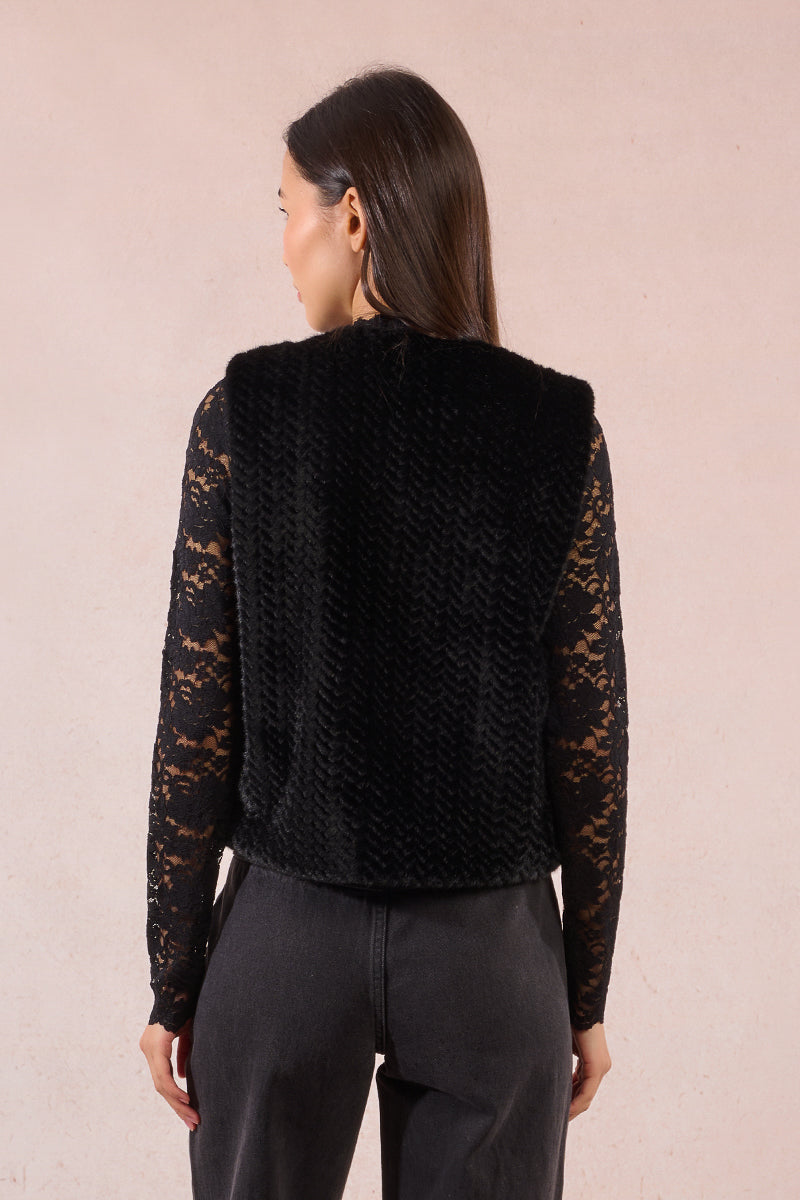 LADIES WOVEN SLEEVELESS JACKET - Black