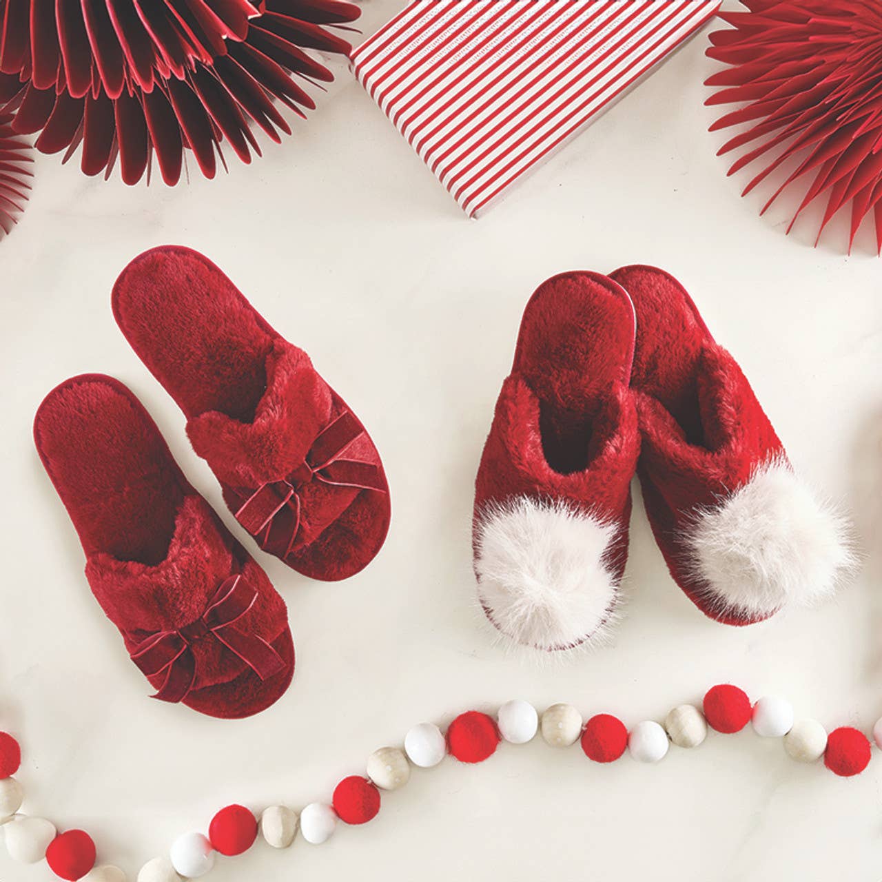 Plush Slippers - Burgundy + Beige Pom Pom
