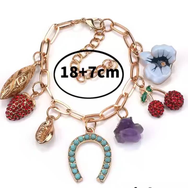 Charm Bracelet- Horse Shoe, Cherrys & Flowers