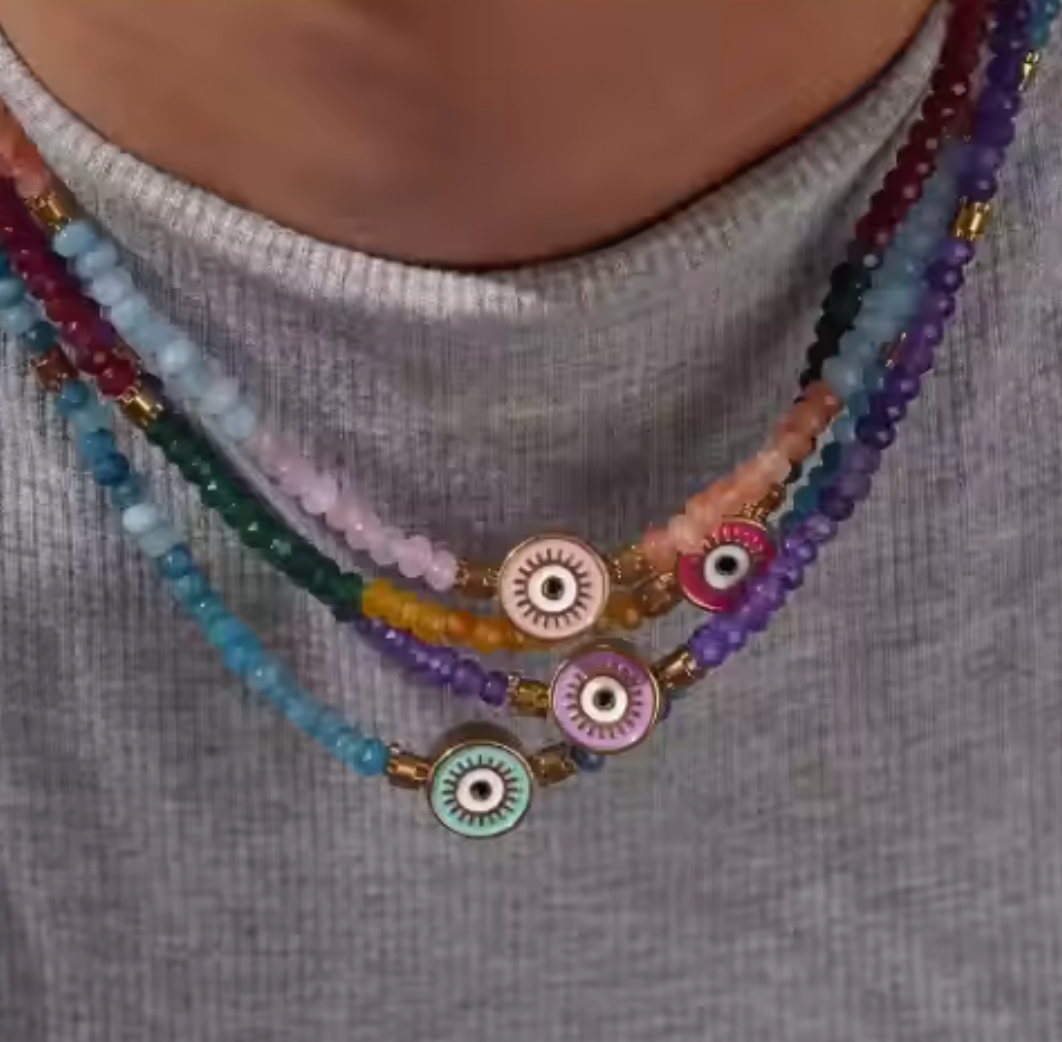 Ikos- Evil Eye enamel on hand beaded Necklace