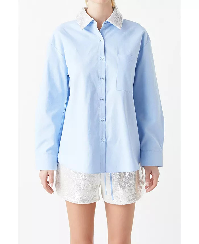 Oversized Oxford Shirt with Sequin Collar