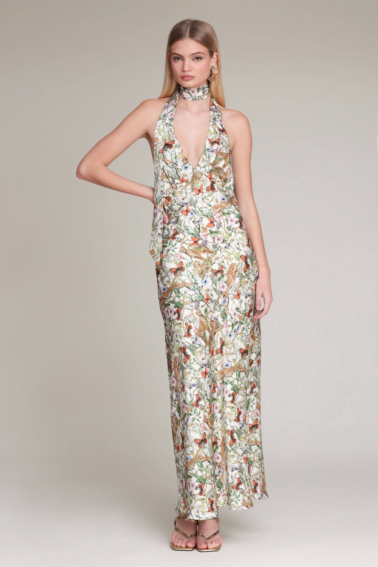 Botanical Satin Scarf Tie Maxi Dress