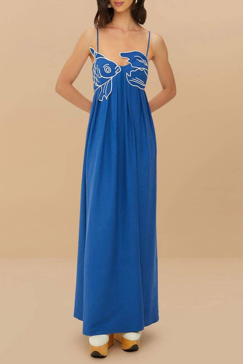 Vivid goldfish embroidered maxi dress