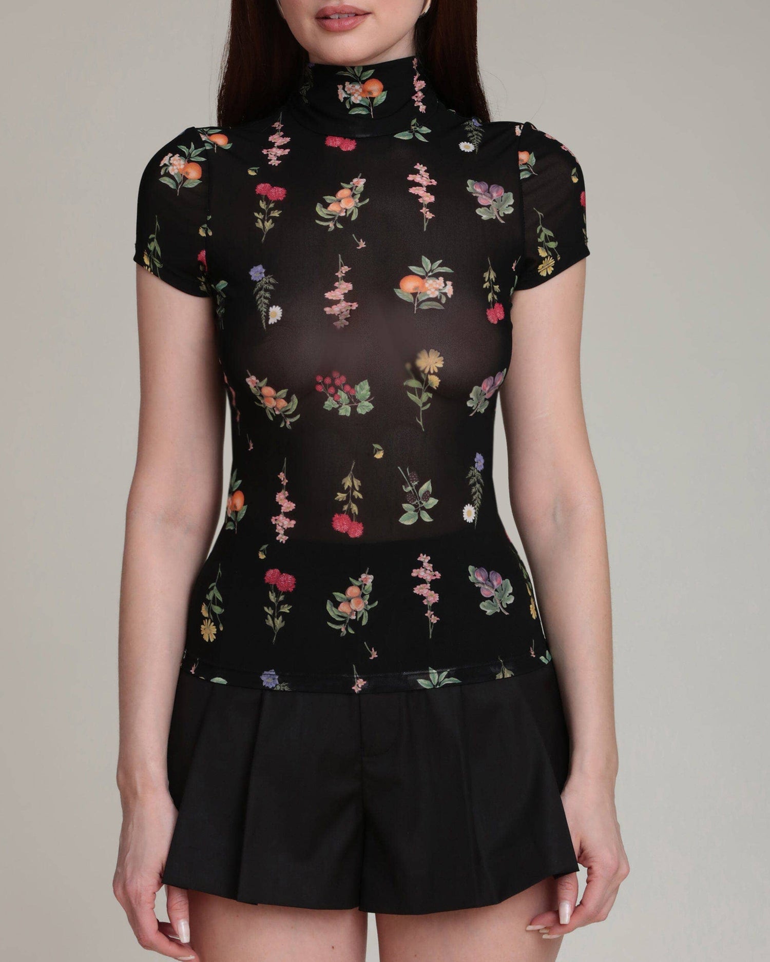 Floral Mesh Mock Neck Top (Black Botanical)