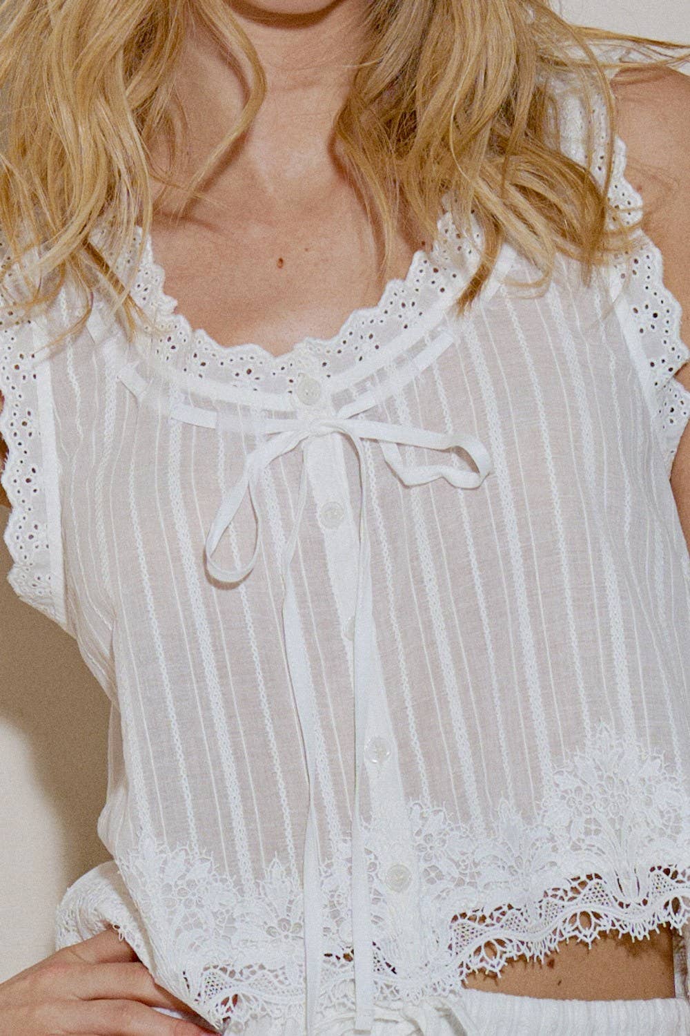 Woven Lace Tie-Front Top