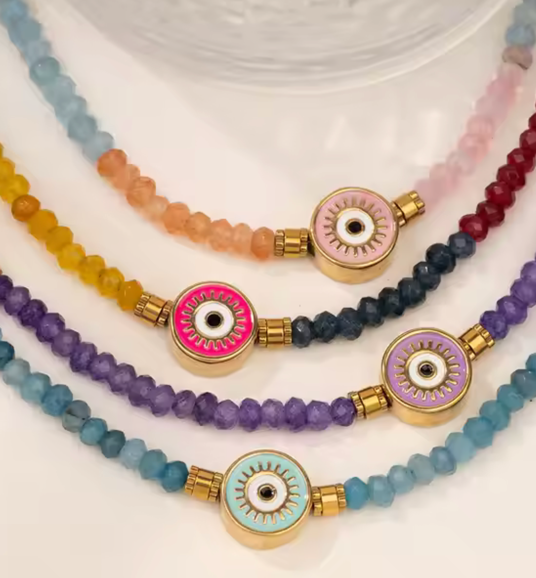 Ikos- Evil Eye enamel on hand beaded Necklace