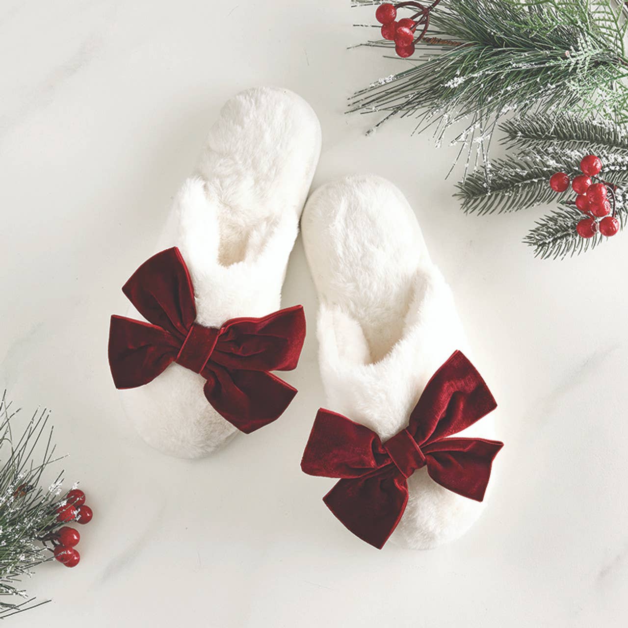 Plush Velvet Bow Slippers - Ivory + Burgundy Velvet Bow
