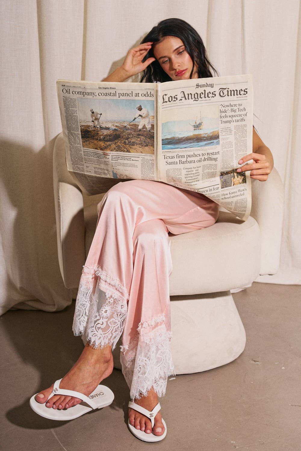 Woven Satin Lace Trim Wide Pants
