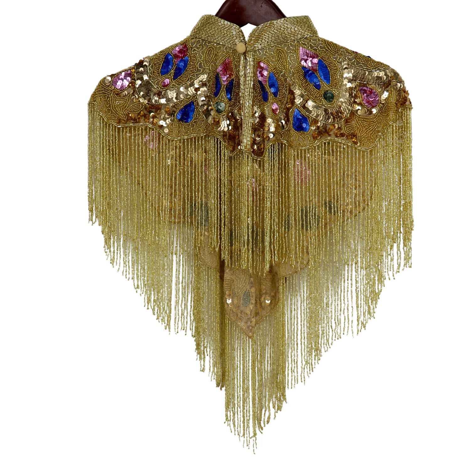 BEADED CAPE W/COLLAR MULTI W/GOLD FRINGES