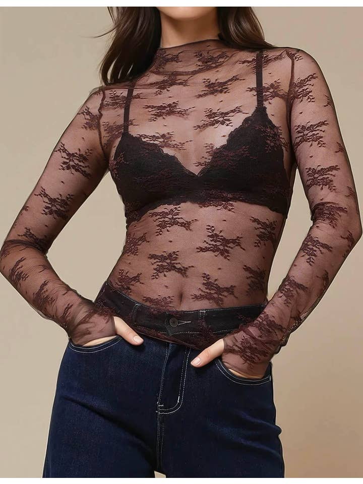 FLORAL EMBROIDERY LACE MESH LAYERING TOP