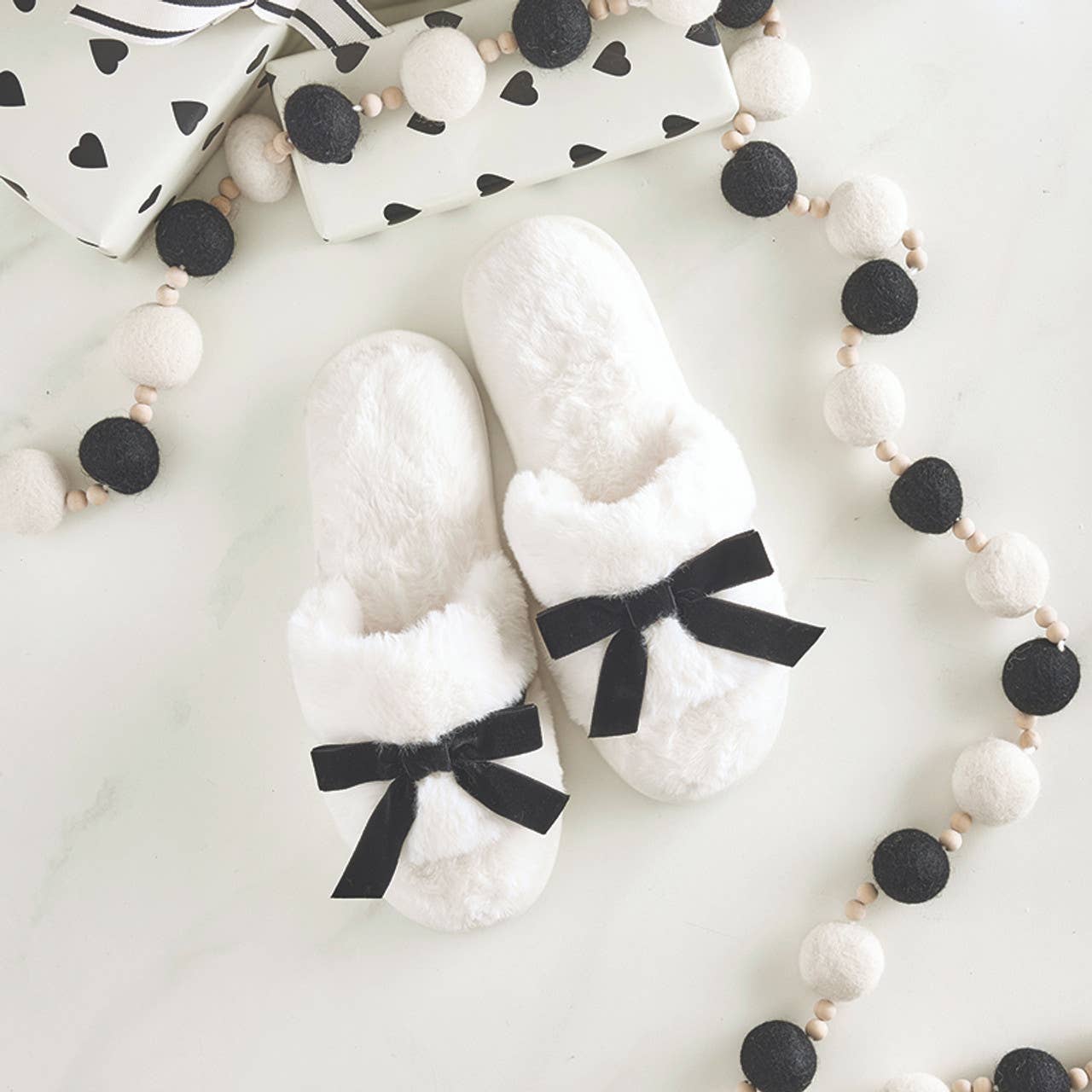 Plush Velvet Bow Slippers - Ivory + Black Velvet Bow