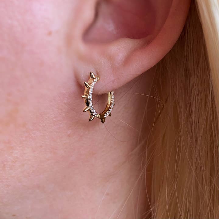 18k Gold Filled Spike Hoop Earrings with Cubic Zirconia Detail