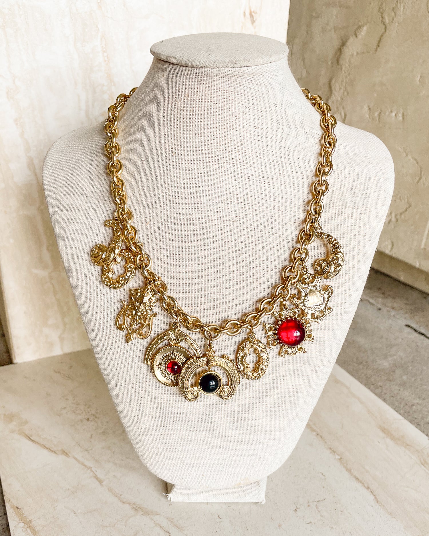 Vintage red and black cabochon Charm Necklace