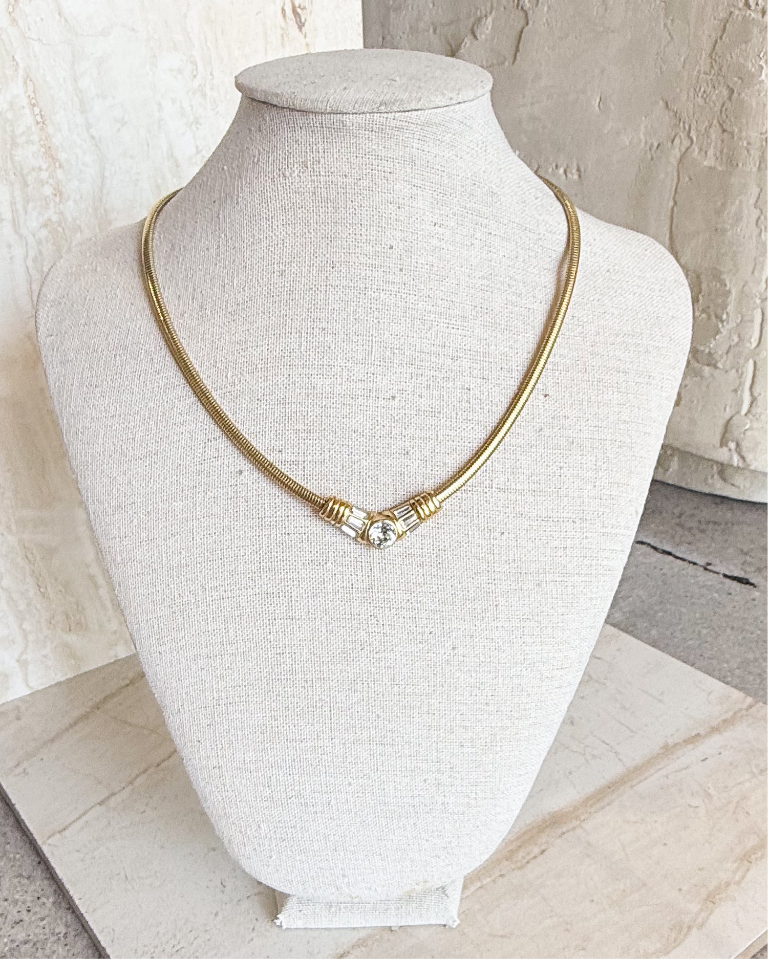 Vintage Monet V Neck Chevron Gold & Rhinestone Necklace