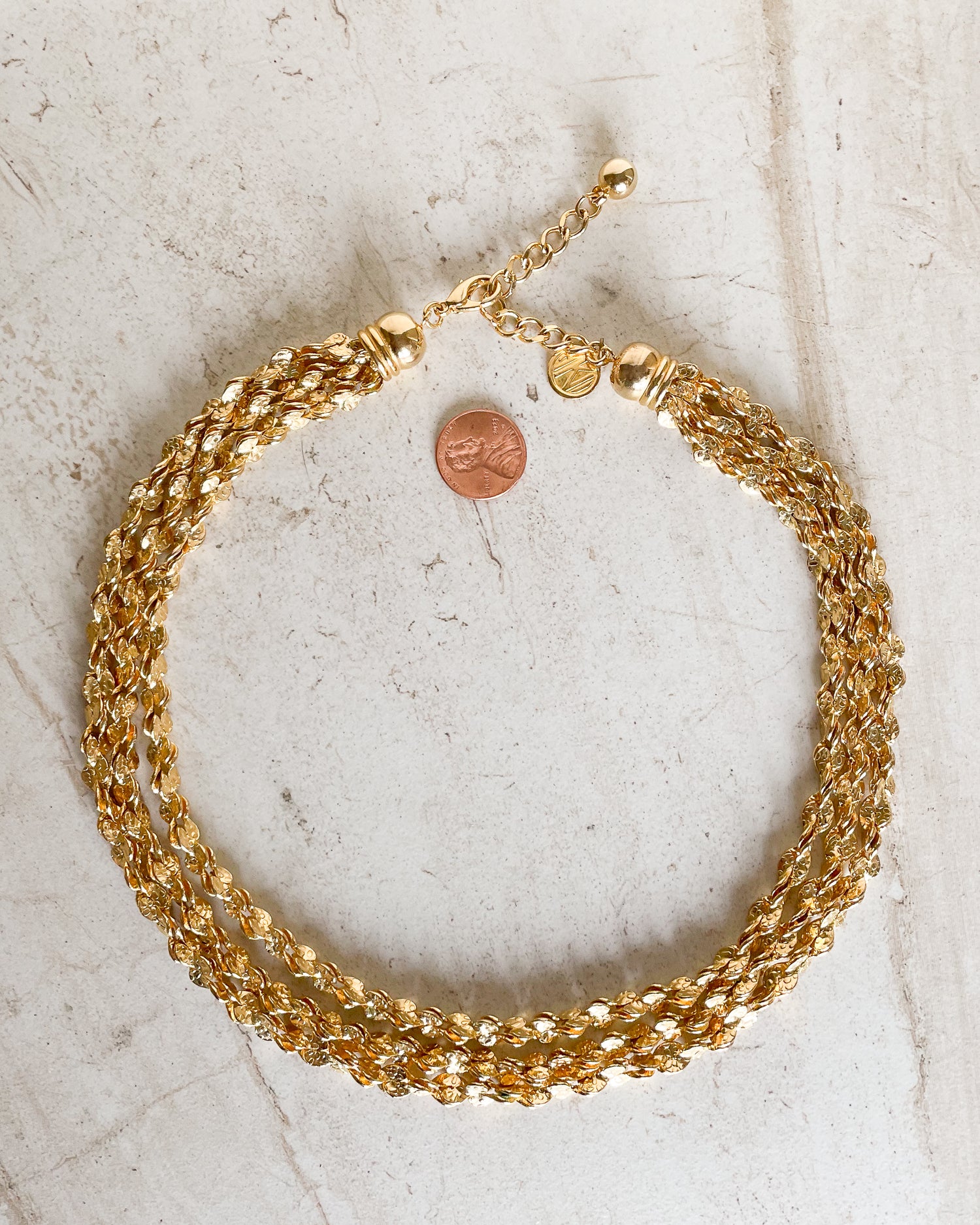 Vintage Designer Signed 3 Strands Rolled Etched Rope Necklace