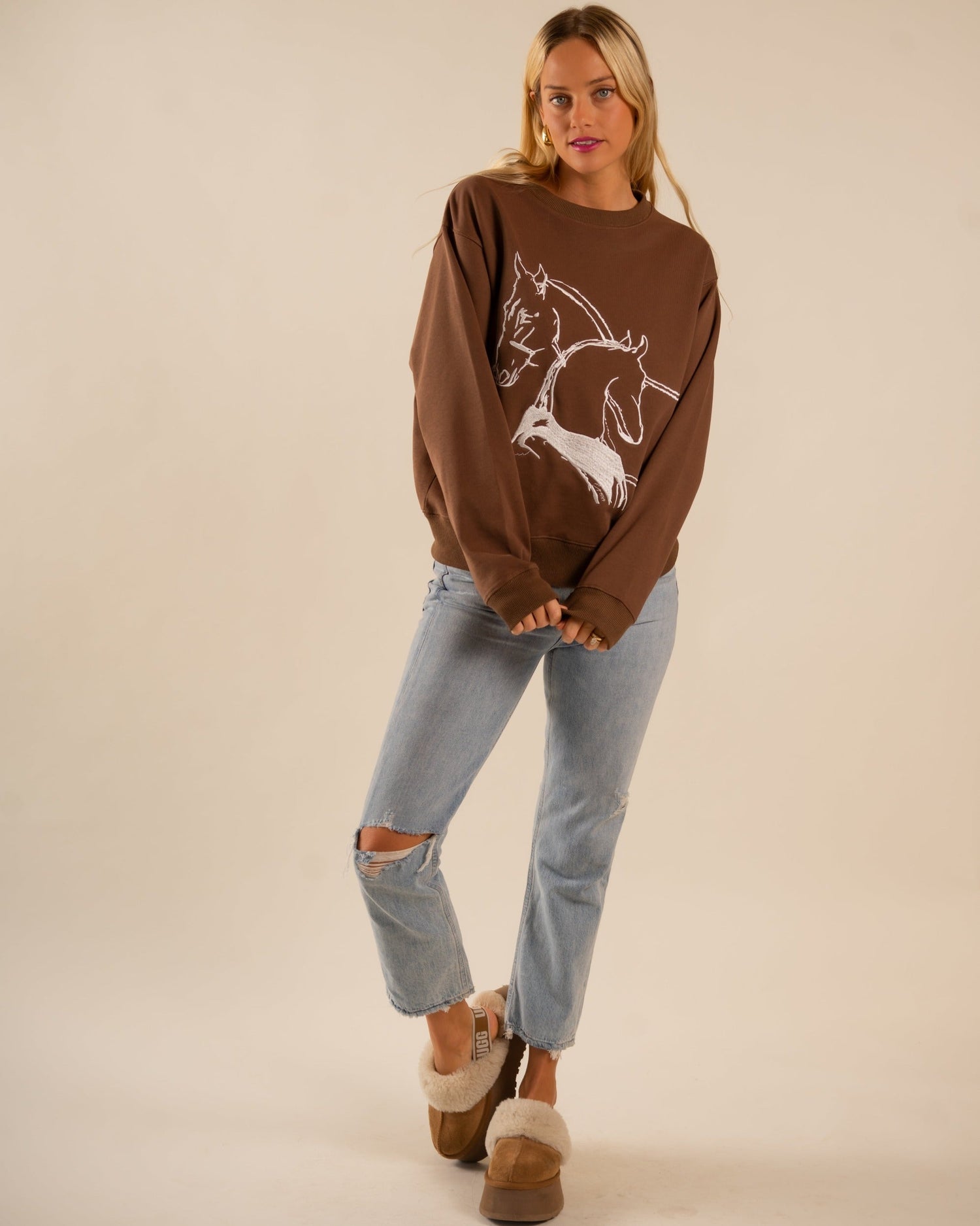 Classic Embroidered Sweatshirt Horses Embrace - Rawhide