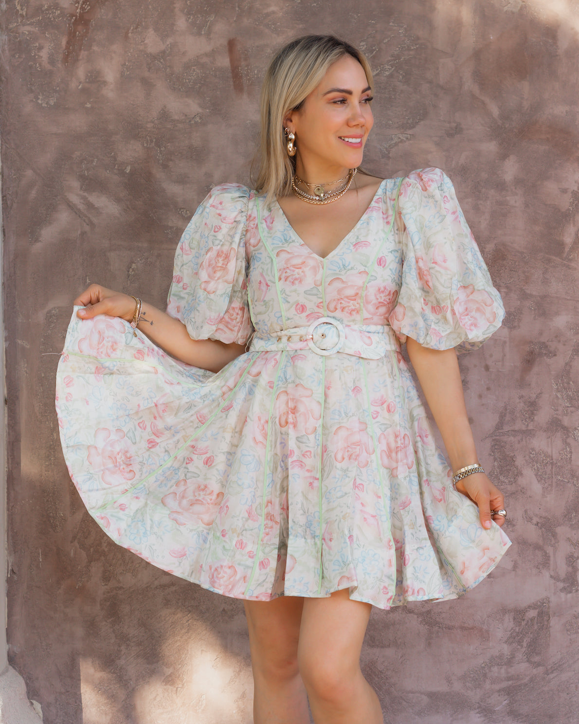 floral organza puff sleeve dress MissJophiel Off the Shoulder Puffy Sleeves Floral Organza Long Dress with Slit Ivory Floral / Floor Length / US16