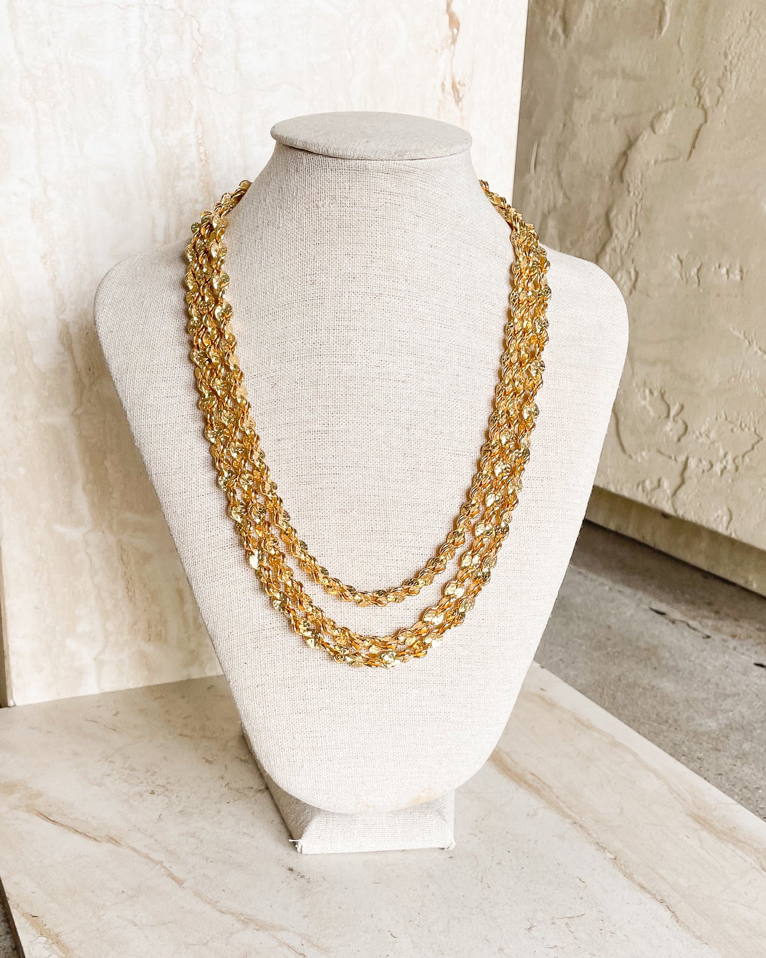 Vintage Designer Signed 3 Strands Rolled Etched Rope Necklace