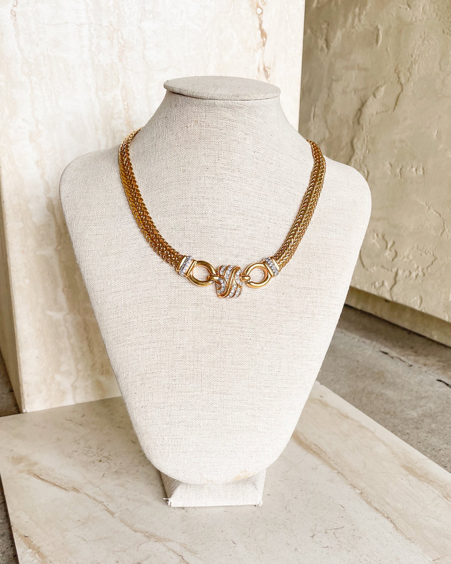 Vintage Gold-Tone Woven Necklace with Crystal Swirl Center