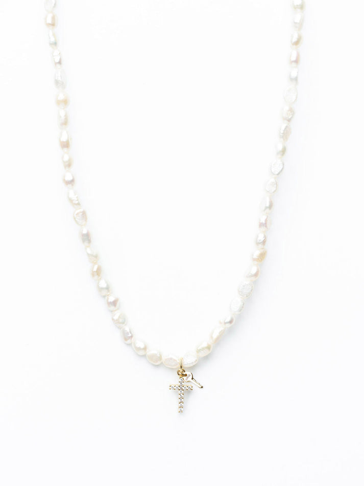 Freshwater Pearl and Mini GRACE Pavé Cross Necklace