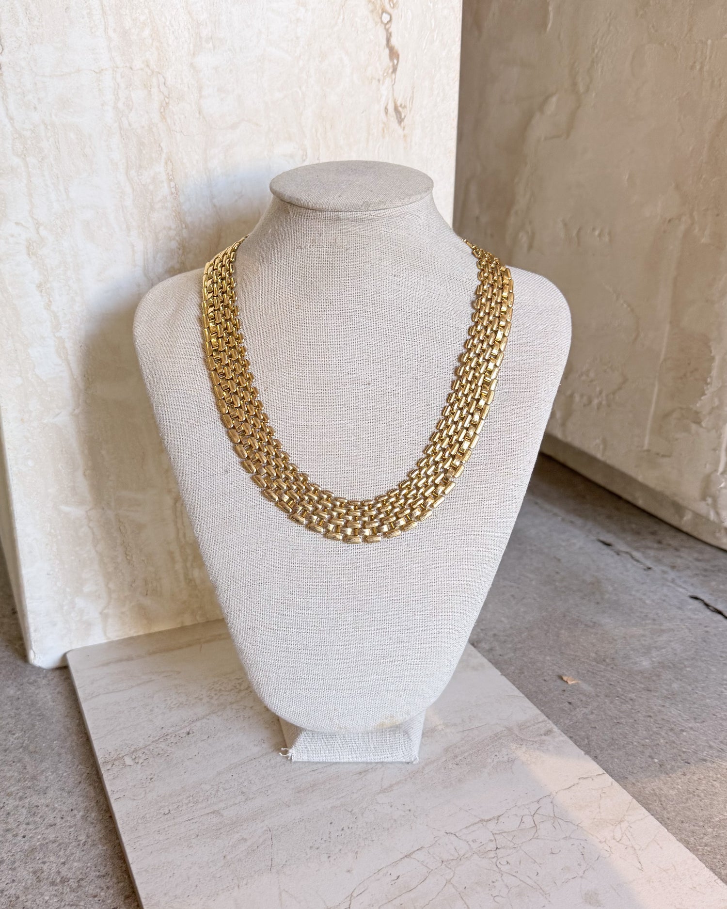 Vintage Signed Wide Gold Flat Link Chain Necklace