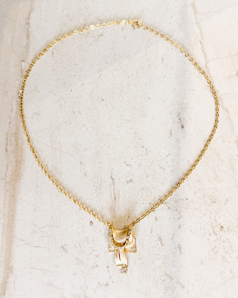 Vintage Brushed Gold tone Western SADDLE pendant with Clear Rhinestones Necklace