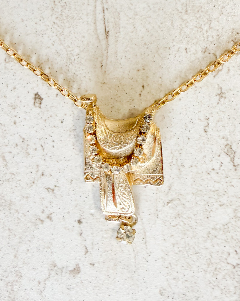 Vintage Brushed Gold tone Western SADDLE pendant with Clear Rhinestones Necklace