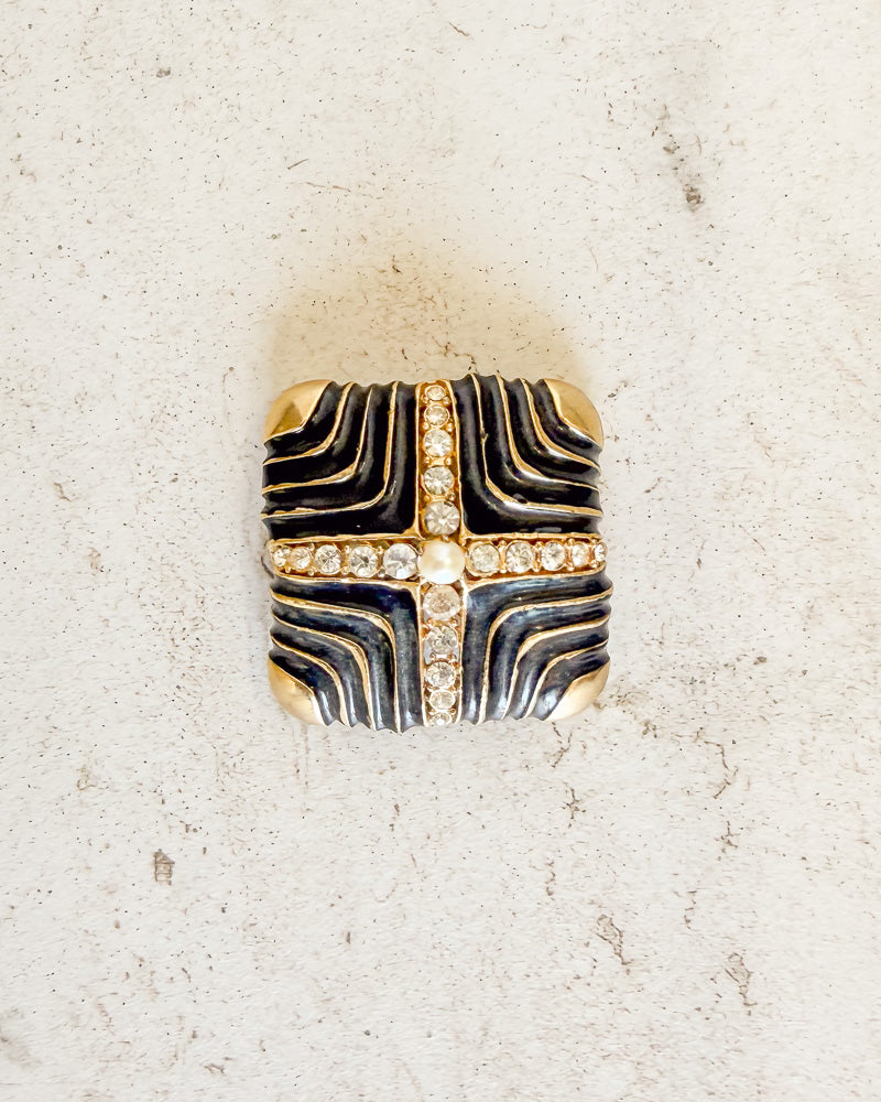 Vintage Black and Gold Rhinestone Pearl Square Brooch