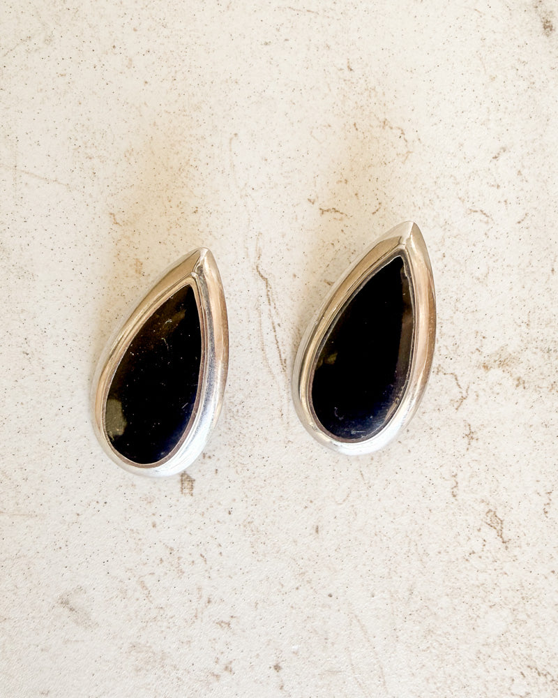 Vintage Silver Black Enamel Teardrop Earring