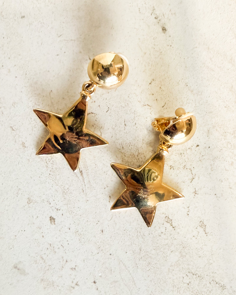 Vintage Gold Star Dangle Clip On Earrings