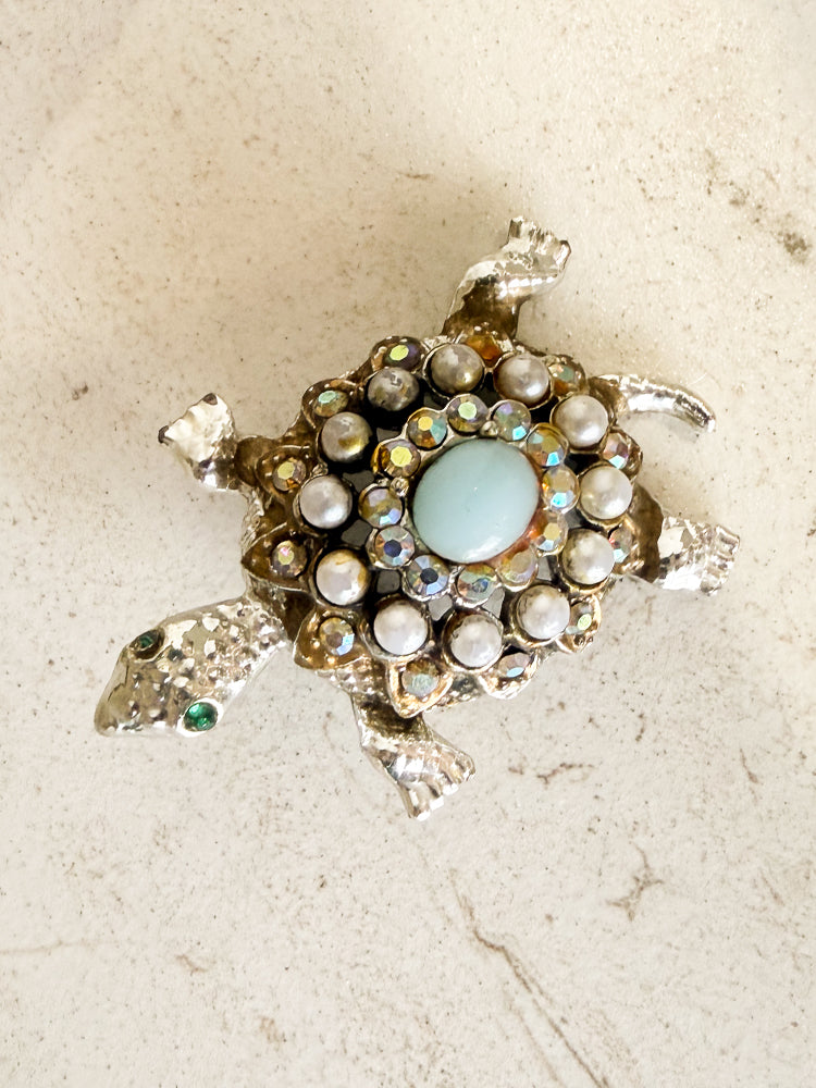 Vintage SIlver Rhinestone Turtle Brooch