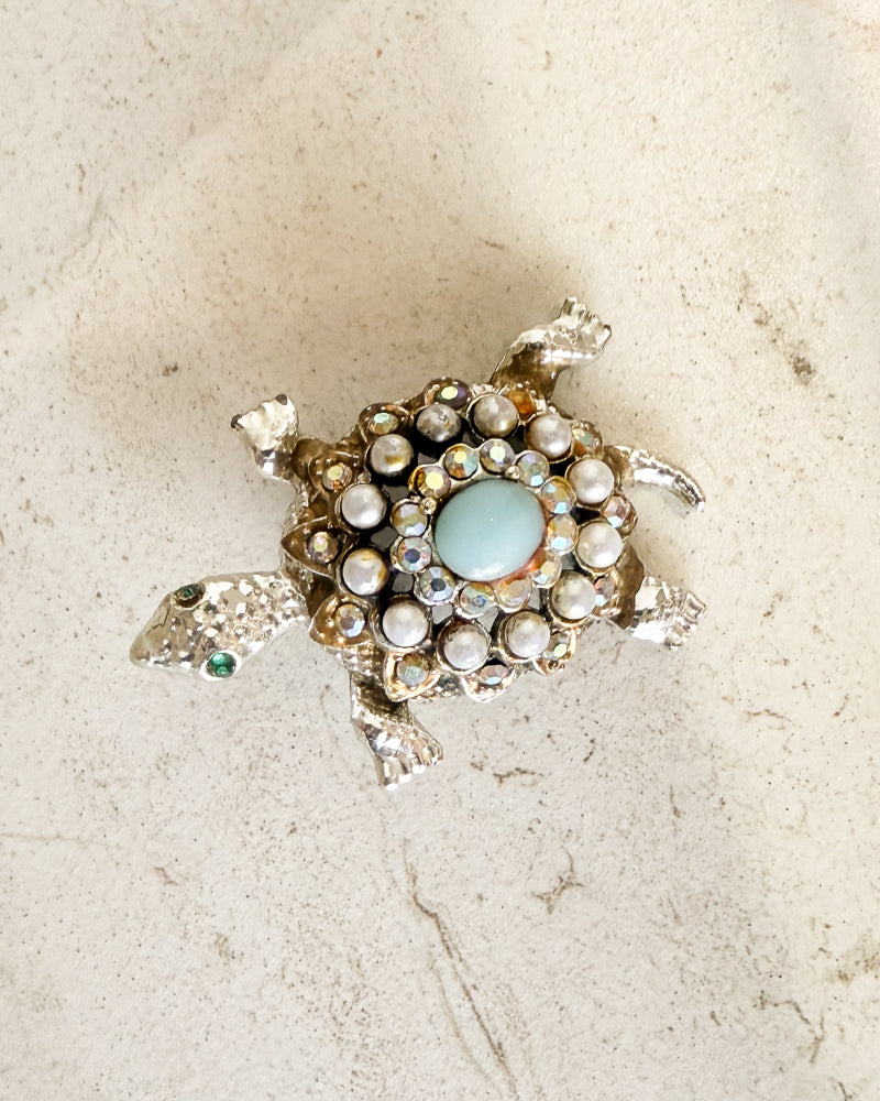 Vintage SIlver Rhinestone Turtle Brooch