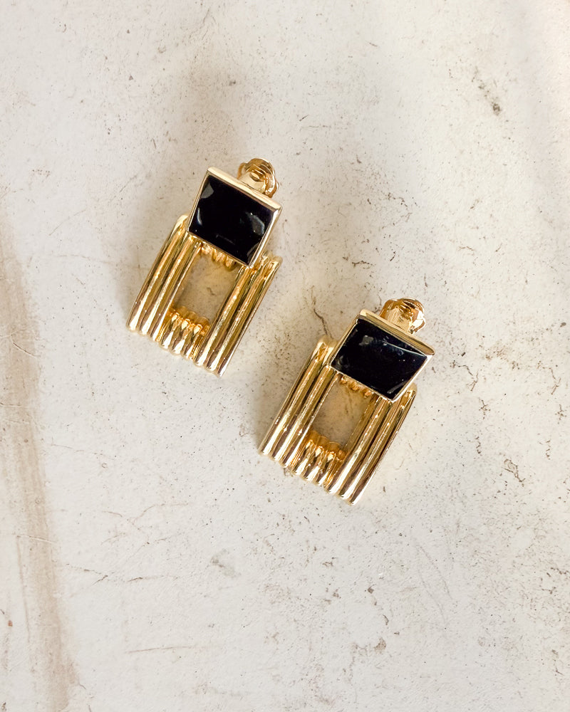 Vintage GOLD Black Enamel Clip On Earrings