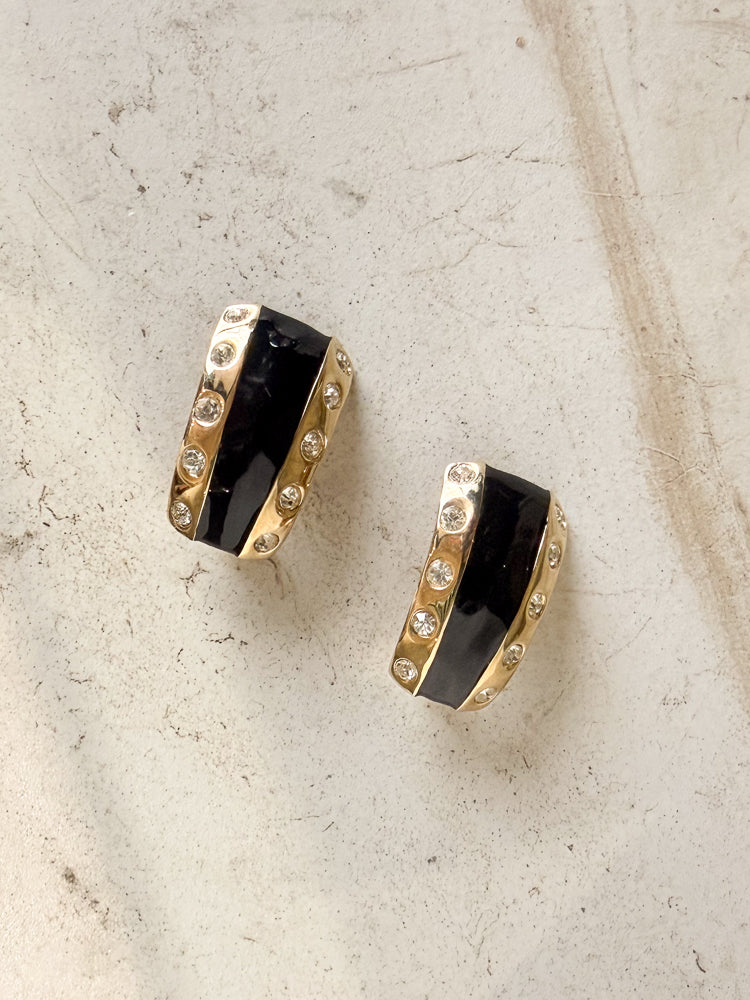 Vintage GOLD Black Enamel Diamond Rectangular Clip On Earrings