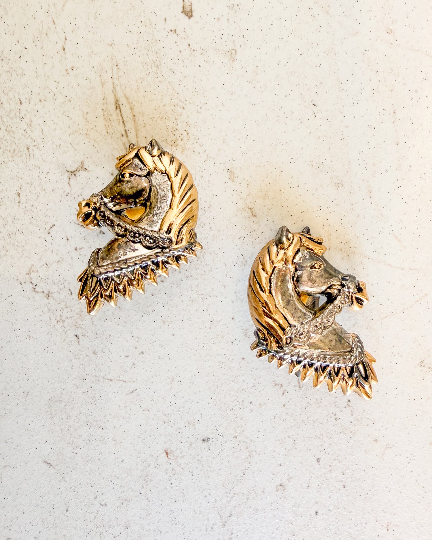 Vintage Two Tone Western Horse Head Clip On Earrings