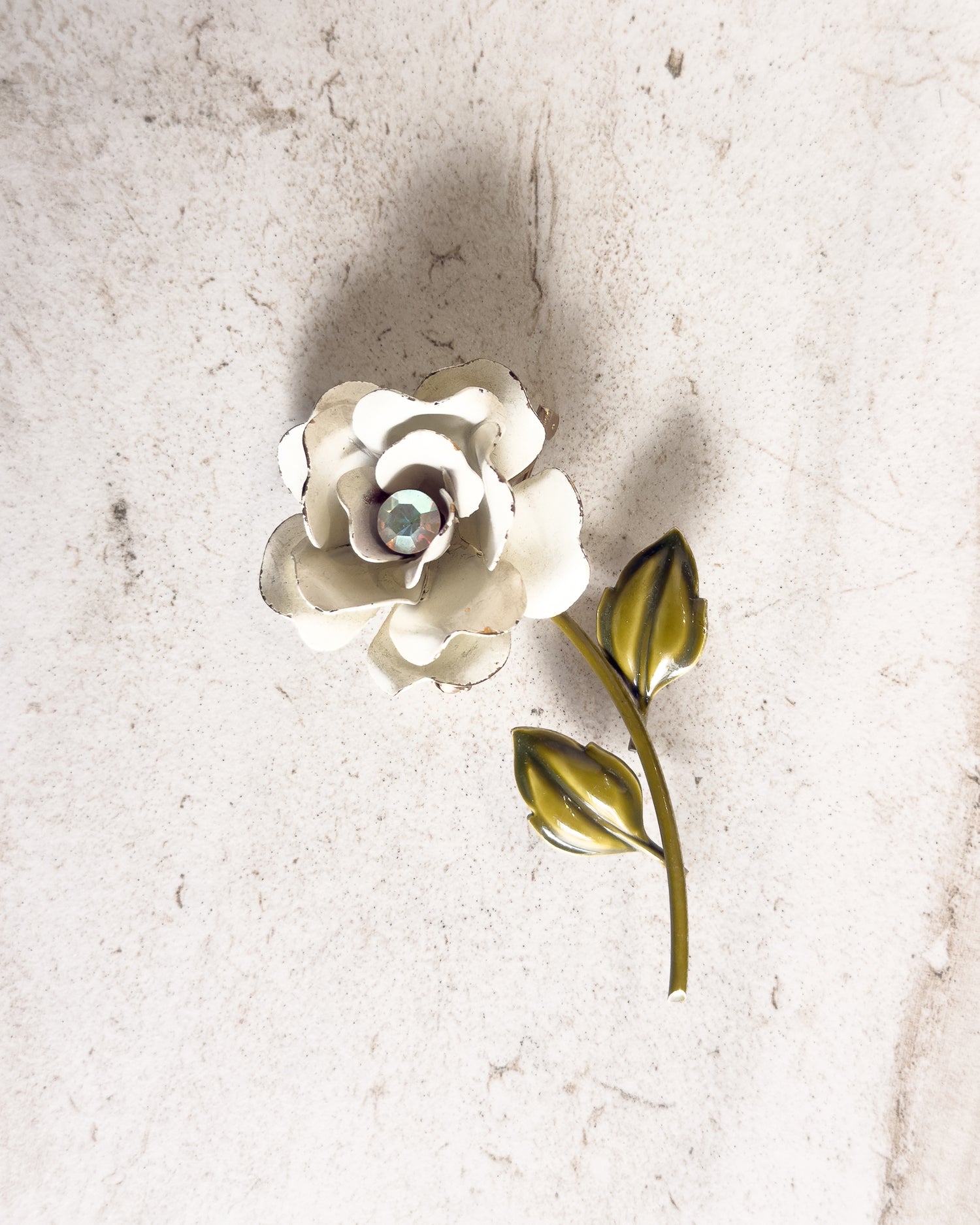 Vintage White Enamel Rose Brooch