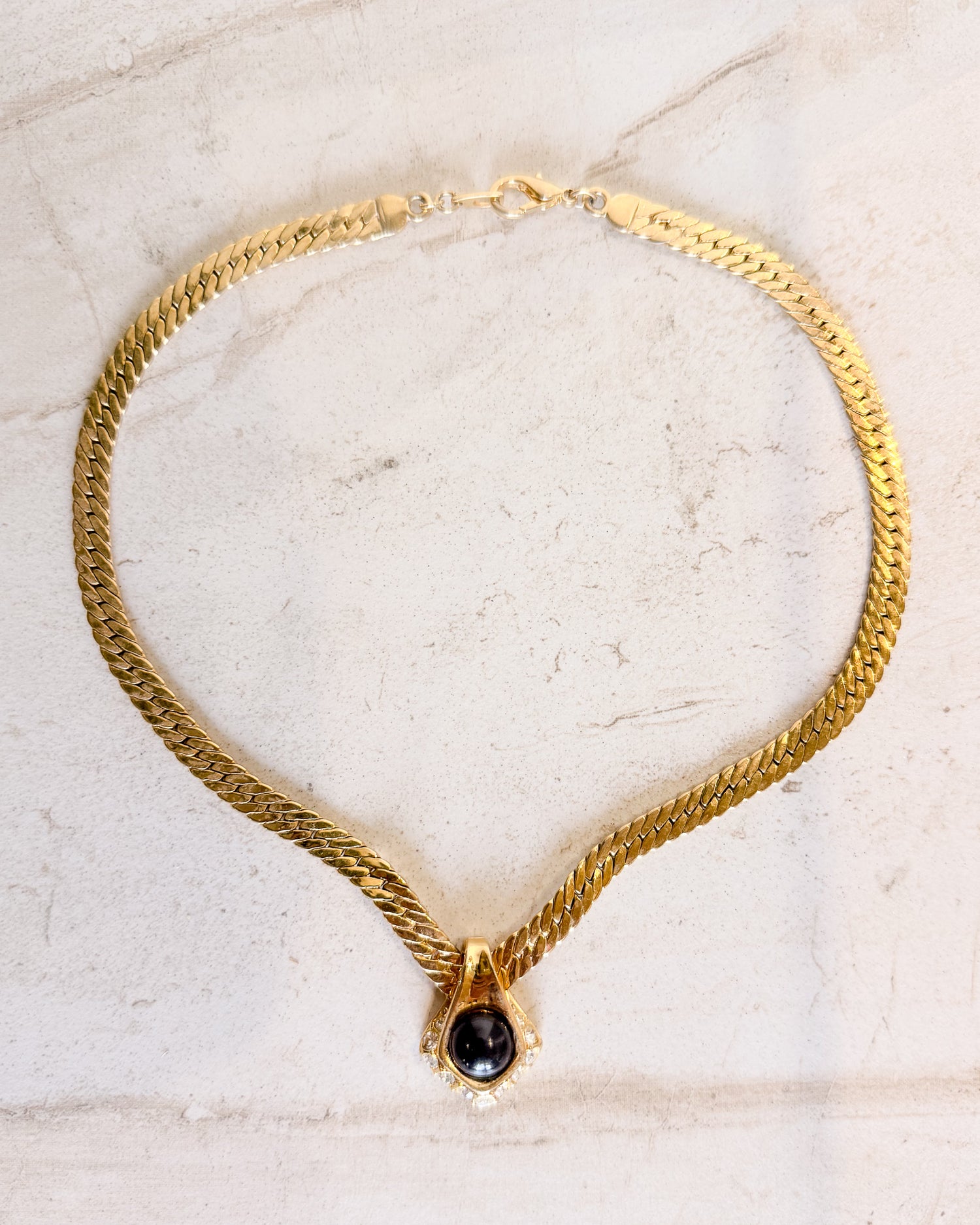 Vintage Signed Gold Metal Snake Necklace With V & Rhinestone Pendant