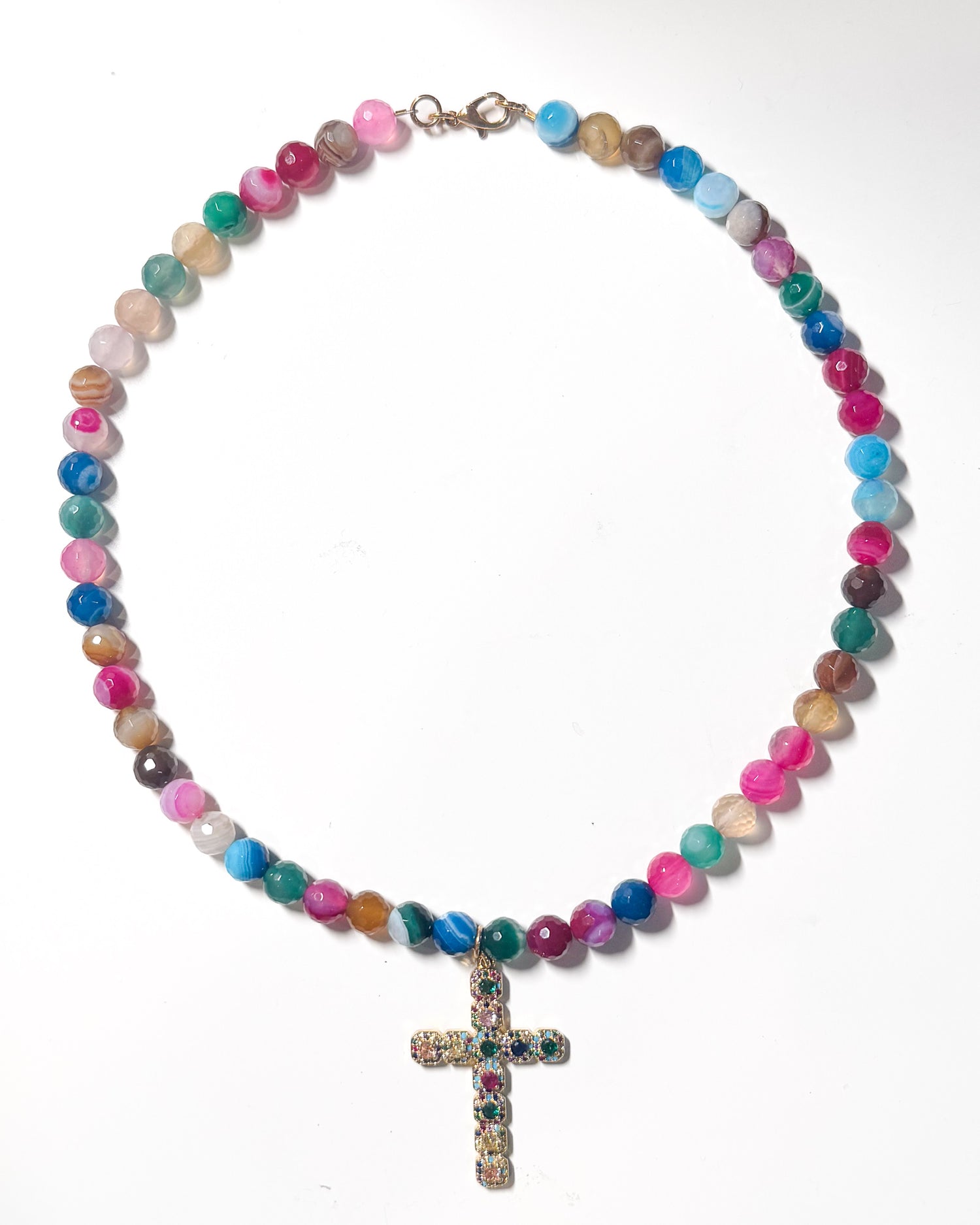 Gemstone Multi colored Cross Necklace on 8mm Beads