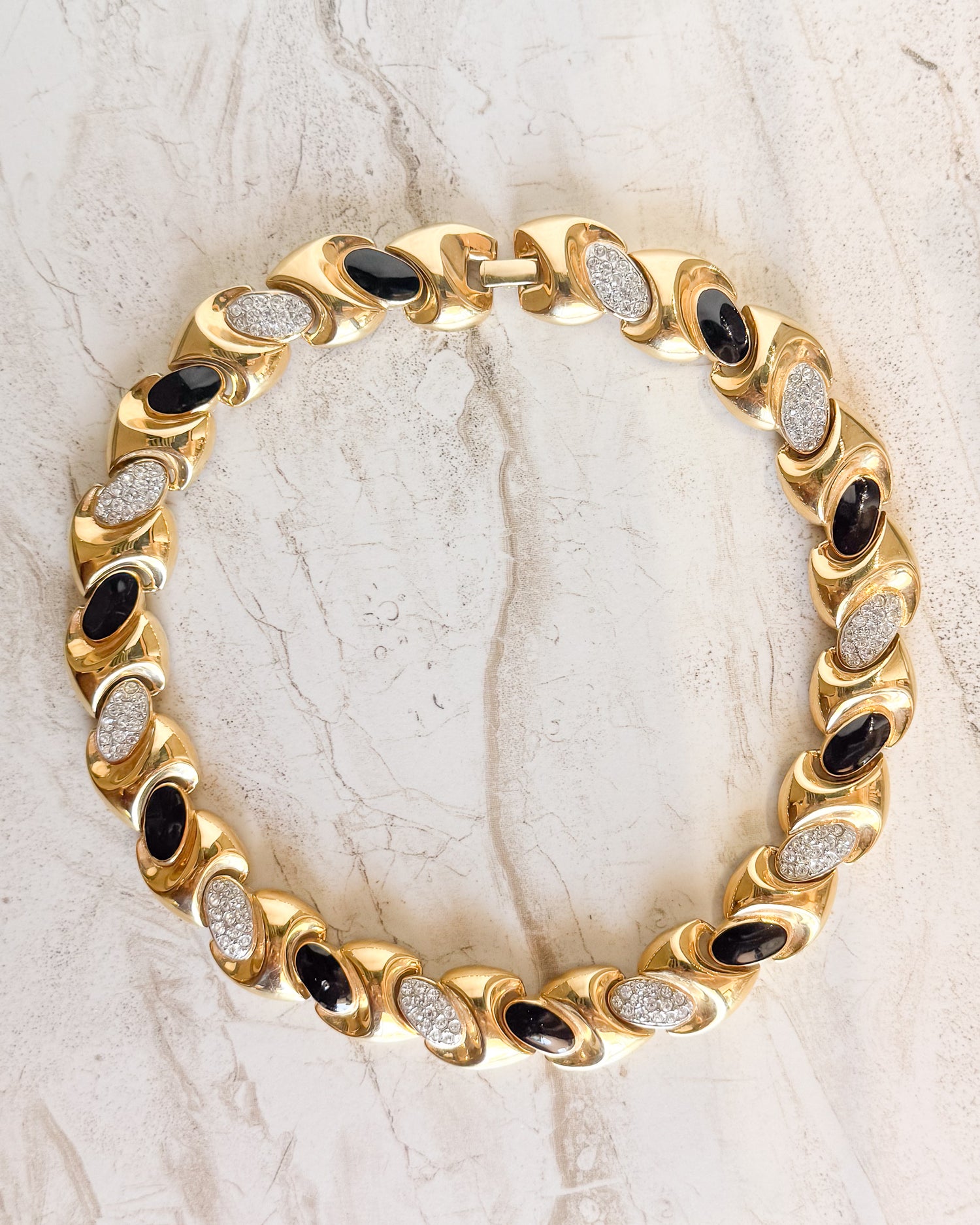Vintage Signed Rhinestone Black Enamel and Gold Tone Statement Necklace