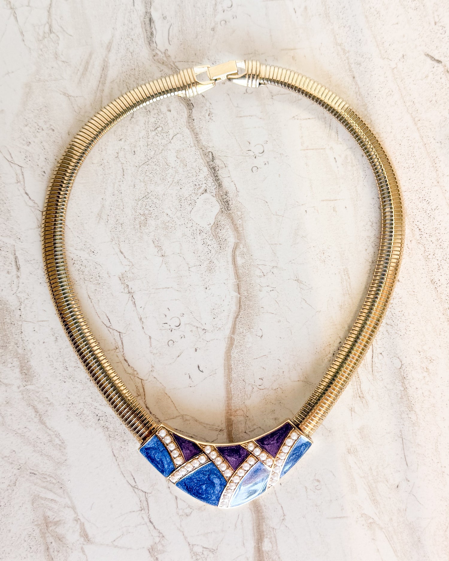 Vintage Signed Faux Pearl Purple Blue Enamel Gold Tone Omega Necklace