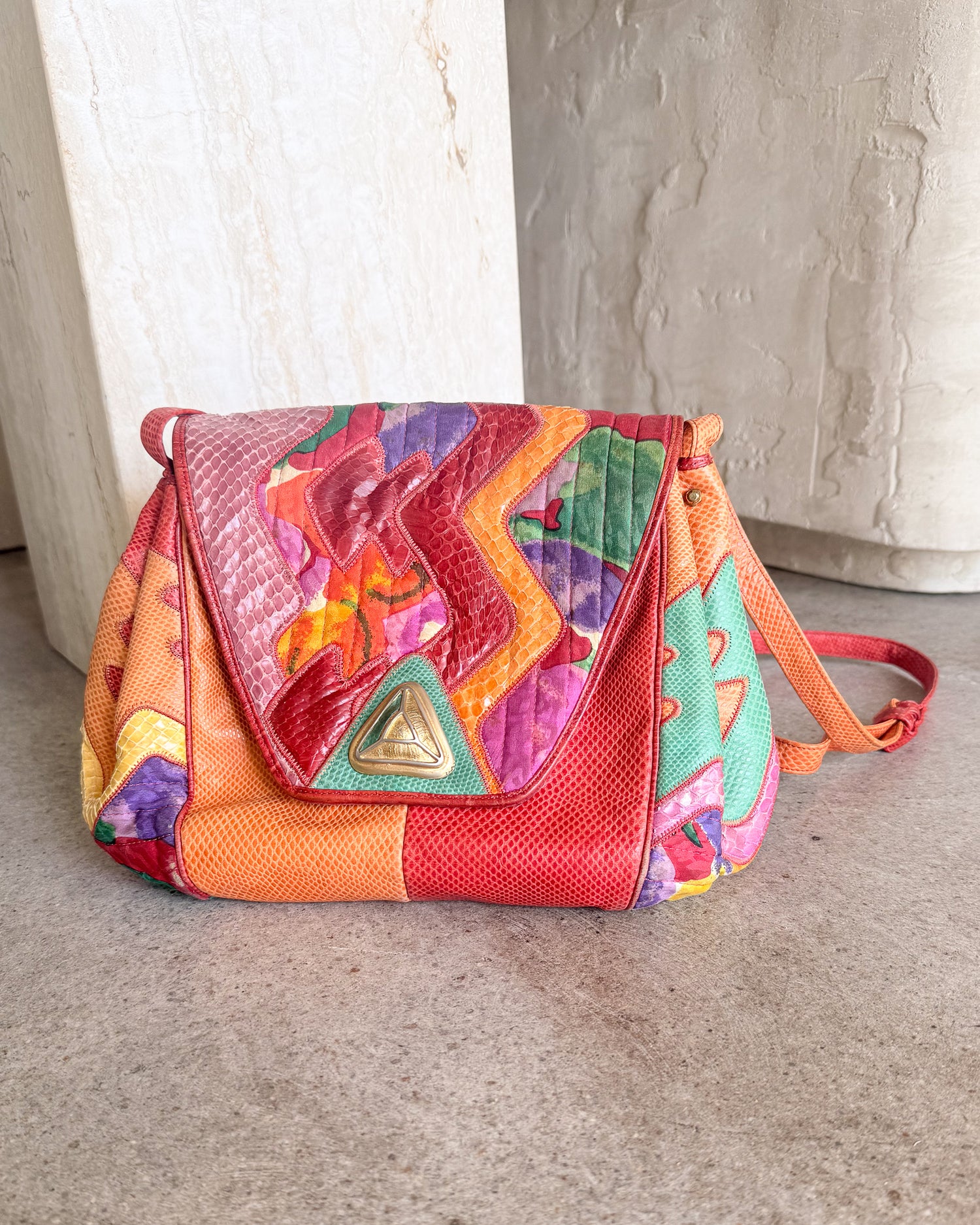 Vintage Signed Patchwork Leather Shoulder Bag Lined Snap Close