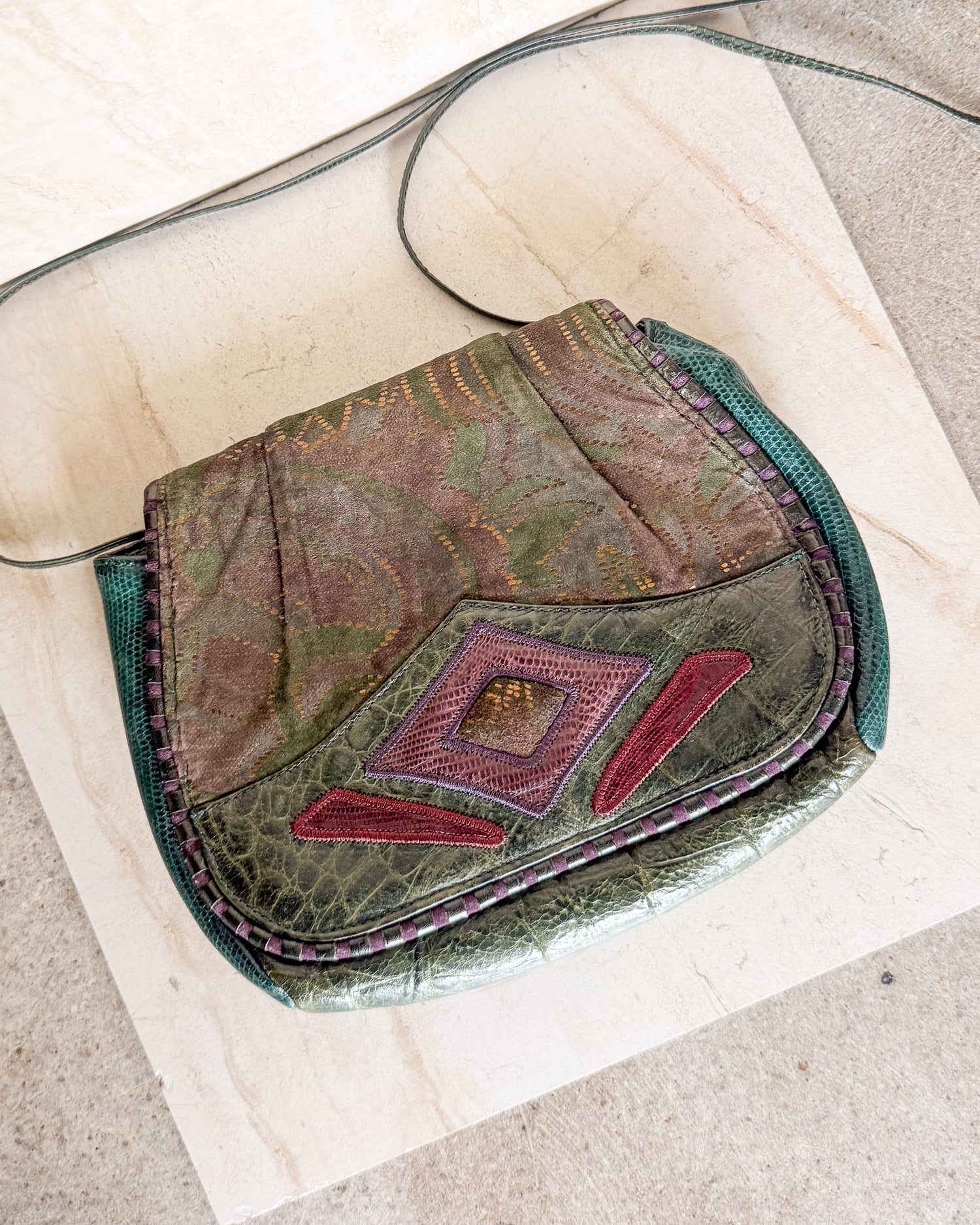Vintage Signed Patchwork Leather crossbody Bag Lined Snap Close